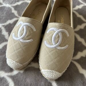 CHANEL Tan and White Espadrilles with Woven Sole Authentic